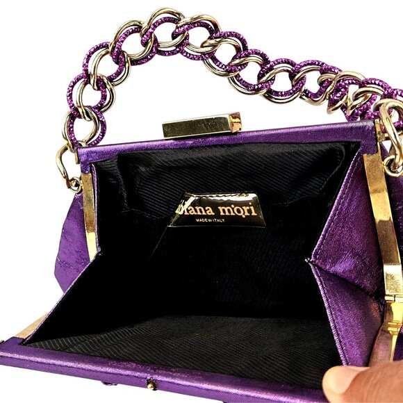 Fabiana Mori Italian Purple Satin Evening Bag Rhinestone Bow Chain Handle 2010s - Picture 3 of 12